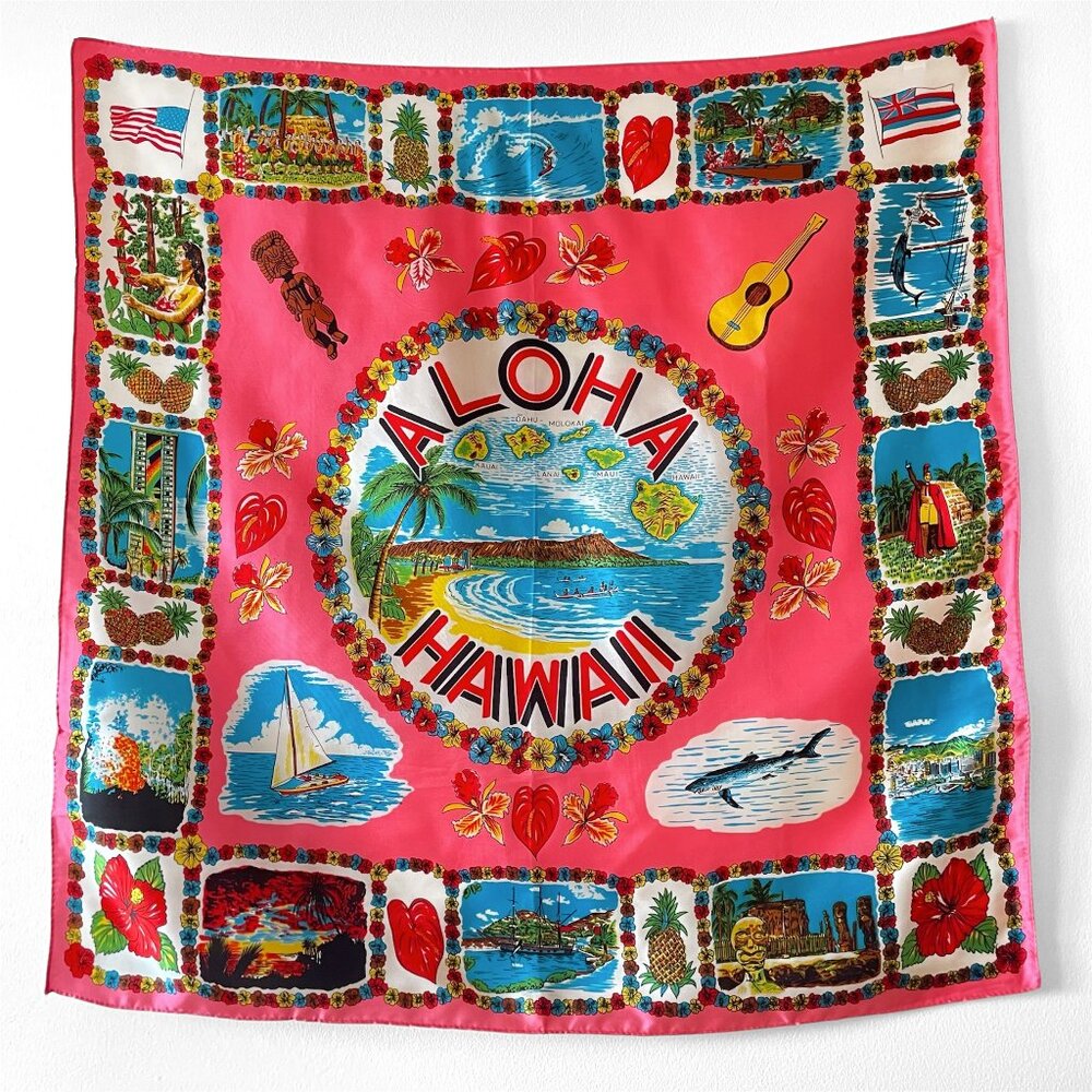 Vintage Hawaiian Souvenir Scarf Pink Colorful 'Aloha Hawaii' Tiki Novelty Print